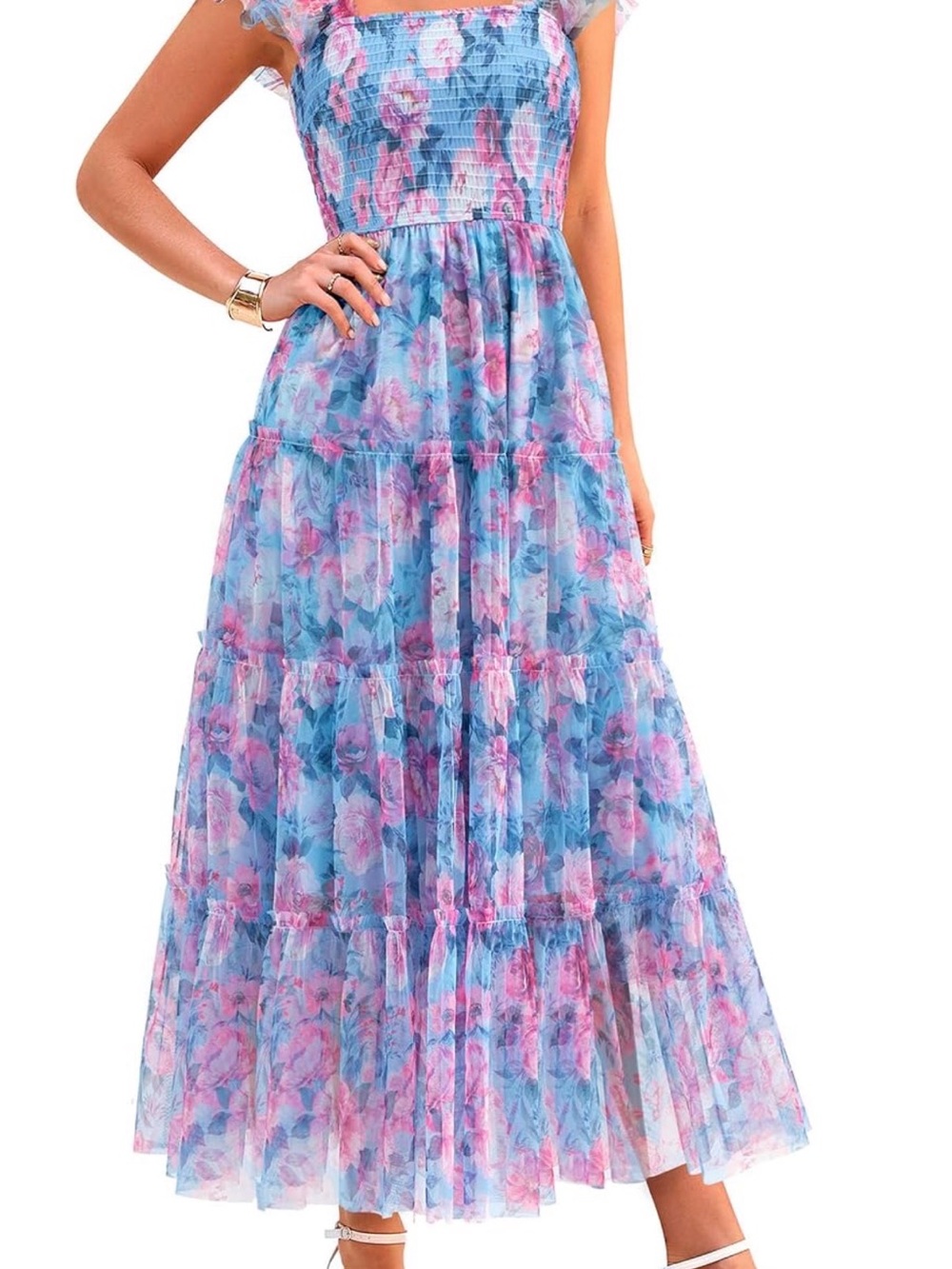 Smocked Blue & Pink Floral Tiered Maxi Dress
